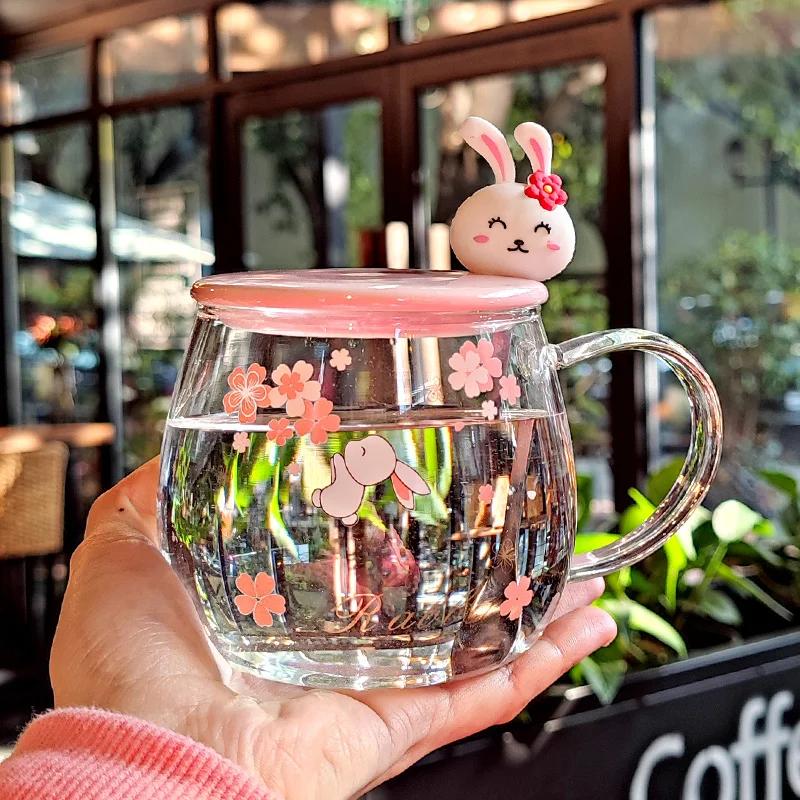 Rabbit GlassLid Spoon Super Cute High Beauty Office Water Cup High Sense of Household Female Cup